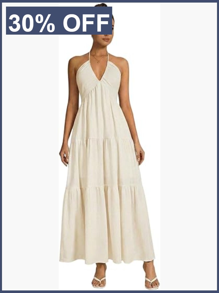 Women's Halter Maxi Dress Backless Tie Knot Flowy Vacation Boho